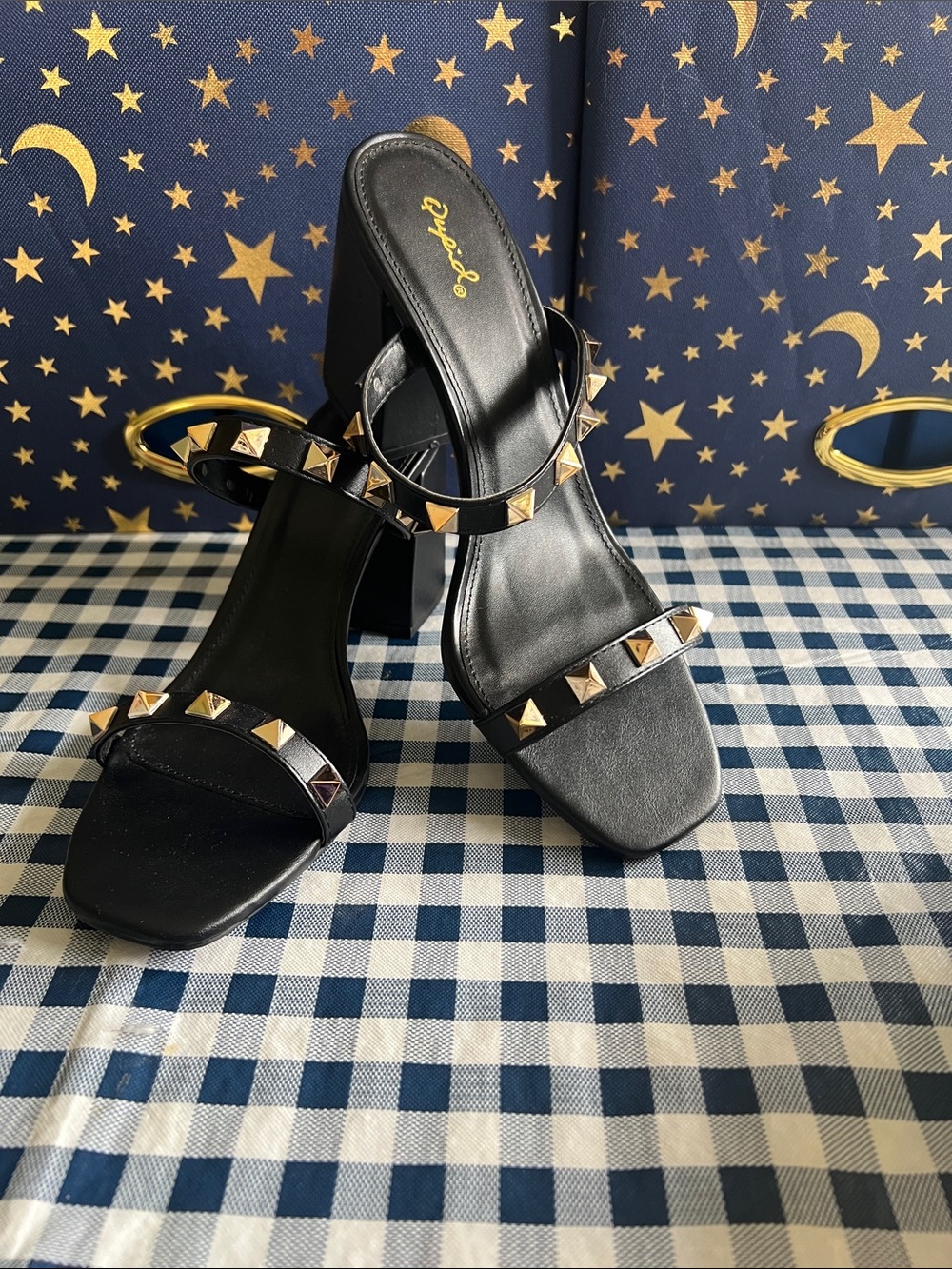 Quips Black Two-Strap Block Heel Mules with Gold Studs NWoT